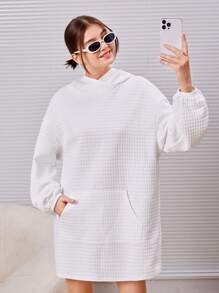 Teen Girl Kangaroo Pocket Drop Shoulder Sweatshirt Dress - White - View 4