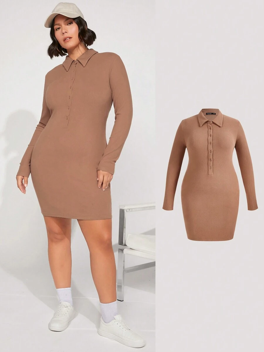 SHEIN BASICS Plus Button Front Bodycon Dress - Brown - View 1