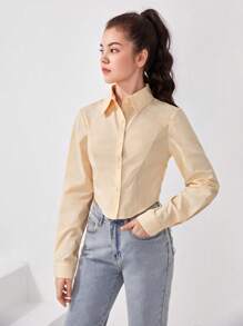 SHEIN Teen Girl Solid Button Front Shirt - Apricot - View 3