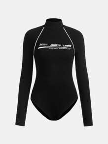 SHEIN Girlism Teen Girl Letter Graphic Contrast Piping Bodysuit - Black - View 1