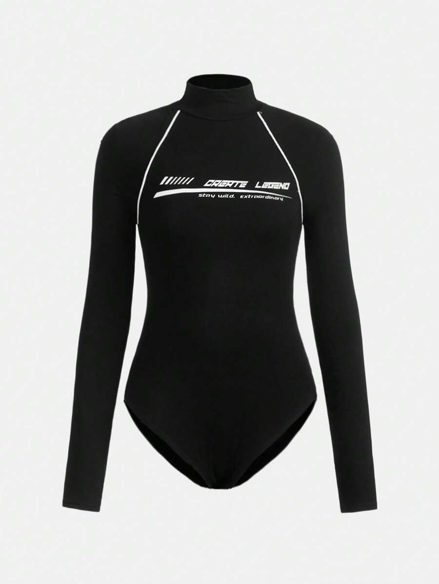 SHEIN Girlism Teen Girl Letter Graphic Contrast Piping Bodysuit - Black - View 1