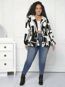 SHEIN CURVE+ Plus Geo Print Drawstring Waist Hooded Coat - Black and White - View 5