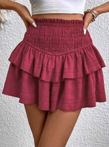 SHEIN VCAY 高腰荷葉邊裙裤 - 紅色 - 查看 4