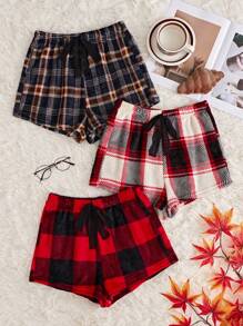 3pcs Knot Waist Plaid Flannel Sleep Shorts - Multicolor - View 1
