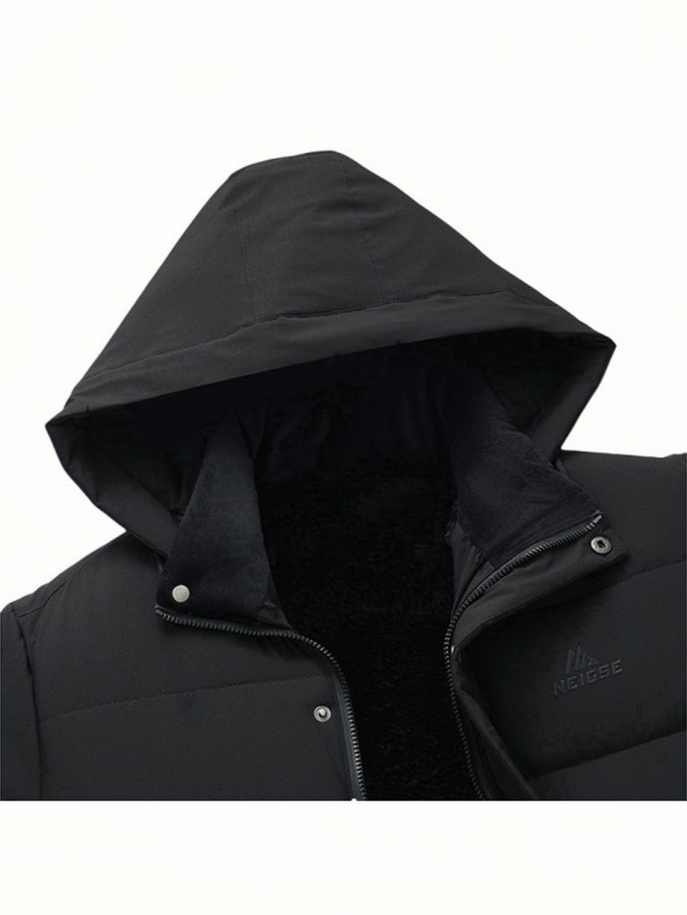 Manfinity Homme 男士 1 件字母图案保暖内衬拉链连帽户外风衣棉服外套，外出泡泡大衣，黑色冬季大衣，适合朋友、丈夫、男朋友的礼物，男士羽绒大衣，黑色羽绒夹克男士，冬季加厚长款连帽保暖夹克，防风棉服 - 黑色 - 查看 6