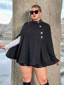 SHEIN Privé 大碼斗篷袖紐扣細節小高領花呢外套 - 黑色 - 查看 4