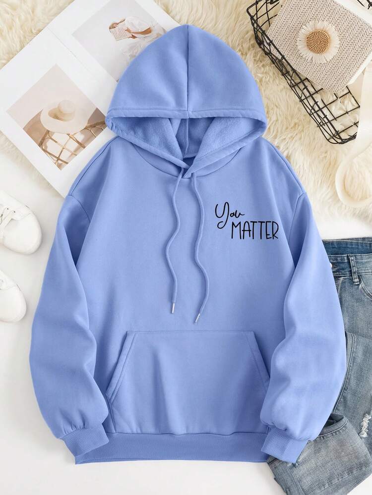 Plus Size Women Slogan & Heart Print Long Sleeve Casual Thermal Lined Sweatshirt, Autumn/Winter