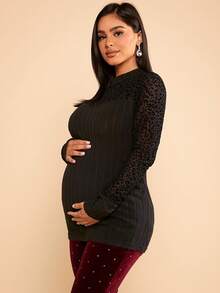 SHEIN Maternidad Camiseta de cuello alto de leopardo de yugo de malla - Negro - Ver 4