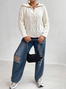 Flirla Plus Cable Knit Raglan Sleeve Sweater Knit Pullover Fall Winter Sweater - White - View 5