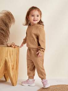 2 件装女婴纯色连帽运动衫和松紧腰运动裤套装 - 卡其色 - 查看 3