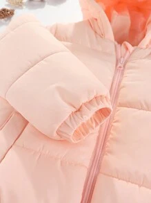 SHEIN 年轻女孩纯色拉链连帽棉服外套（配围巾） - 粉色 - 查看 6