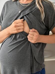 SHEIN 孕婦素色哺乳細節交叉圍裹T恤 - 灰色 - 查看 6