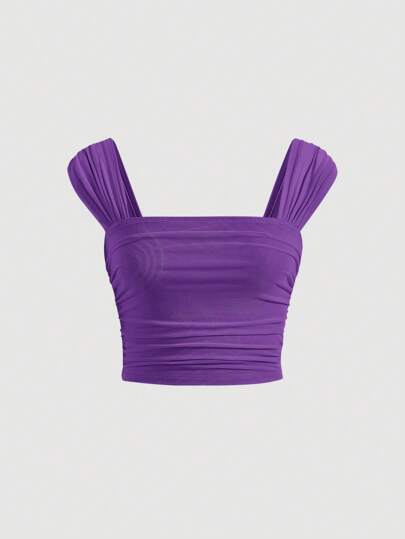 SHEIN MOD 純色褶飾短款上衣