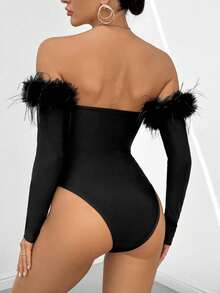 SHEIN Privé Off Shoulder Trang trí Fuzzy Mặt trước xoắn Áo liền quần chặt - màu đen - Xem 2