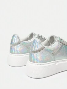 SheIn SXY 女性時尚發亮的繫帶戶外運動休閒運動鞋 - 銀色 - 查看 4