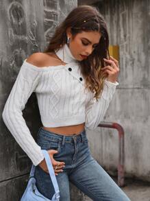 SHEIN Unity Turtleneck Button Detail Cable Knit Drop Shoulder Crop Knit Pullover Fall Winter Sweater - White - View 5