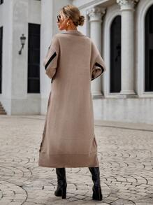 SHEIN Clasi 幾何圖案落肩束帶開衫 - 卡其色 - 查看 2