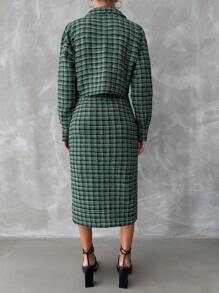 EURMUSE 格紋印花落肩袖夾克&高衩半身裙 - 彩色 - 查看 2