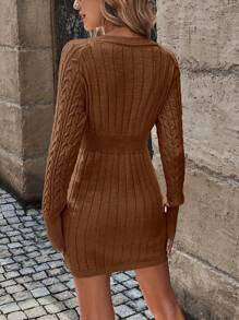 EMERY ROSE Cable Knit Sweater Dress Fall Winter Cloth For Women - Chocolate Brown - View 2