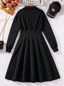 Teen Girl Letter Patched Detail Half Zip Dress - Black - View 2