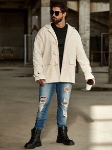 Manfinity Homme Loose Fit Men's Hooded Duffle Overcoat With Flap Pockets - Khaki - View 3