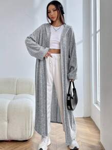 SHEIN EZwear Drop Shoulder Open Front Coat - Grey - View 3