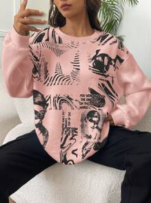 SHEIN EZwear 人像圖案落肩袖運動衫 - 粉色 - 查看 1