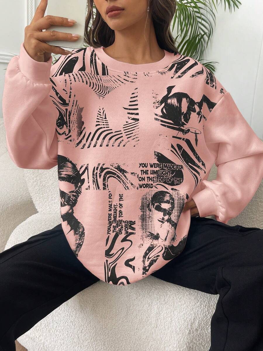 SHEIN EZwear 人像圖案落肩袖運動衫 - 粉色 - 查看 1