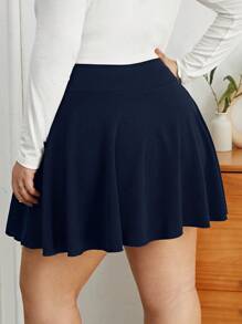 SHEIN Essnce Plus Solid Wideband Waist Skort With Phone Pocket - Navy Blue - View 2