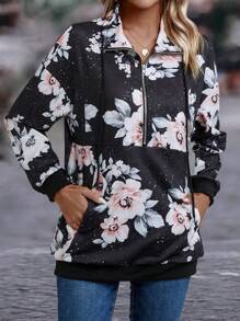 SHEIN LUNE Floral Print Kangaroo Pocket Drop Shoulder Hoodie - Multicolor - View 4