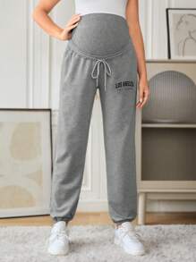 SHEIN 孕婦字母圖案抽繩腰褲 - 灰色 - 查看 3
