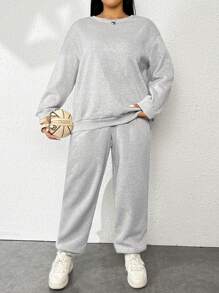 Flirla Plus Drop Shoulder Sweatshirt & Sweatpants - Light Grey - View 1