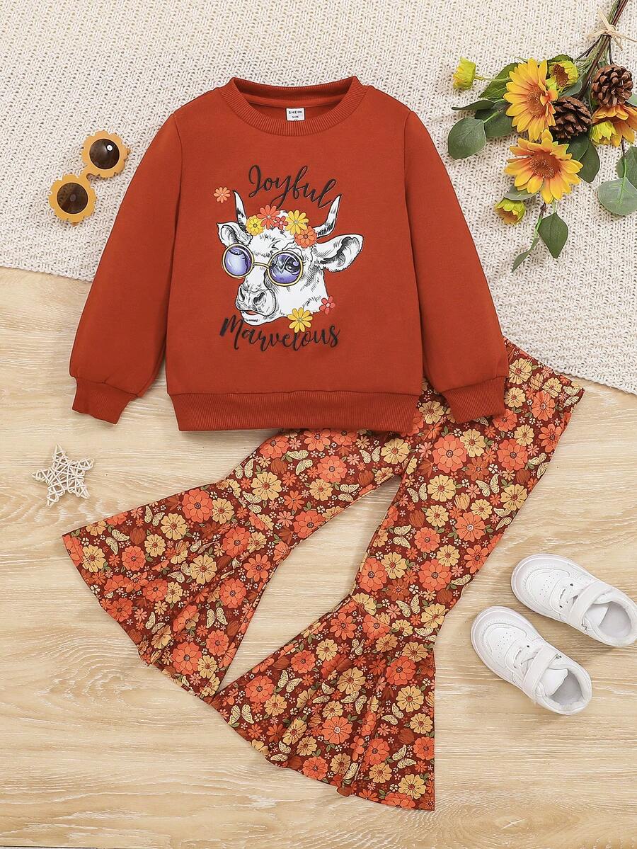 Young Girl Letter & Cartoon Graphic Pullover & Flare Leg Pants - Multicolor - View 1