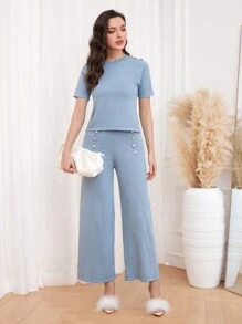 Modelyn 素色套頭毛衣&紐扣細節針織長褲 - 淺藍色 - 查看 5