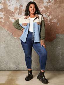 SHEIN CURVE+ 大碼撞色落肩袖燈芯絨襯衫 - 彩色 - 查看 8