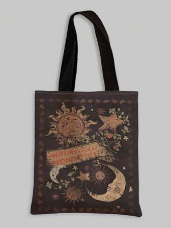 Fairycore Borsa shopping medio casual con grafica luna e sole per shopping
