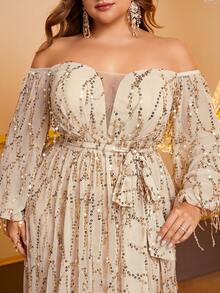 YISIKADO Plus Off Shoulder Belted Sequin Prom Dress - Champagne - View 3