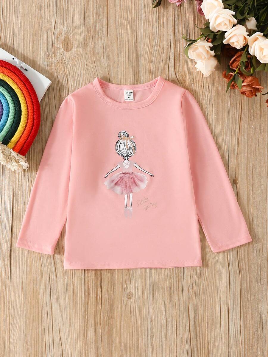 SHEIN 女孩人像圖案T恤 - 粉色 - 查看 1