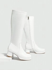 European And American Fashion Square Toe Side Zipper Waterproof Platform Chunky Heel Knee-High Boots For WomenIdeal With Fall Clothes