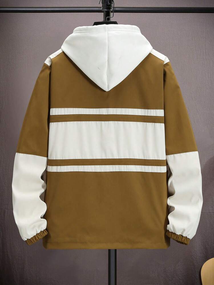 Loose Fit Men's Letter Print Colorblocked Jacket Without Hood