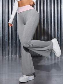 SHEIN PETITE 字母圖案喇叭褲 - 灰色 - 查看 5