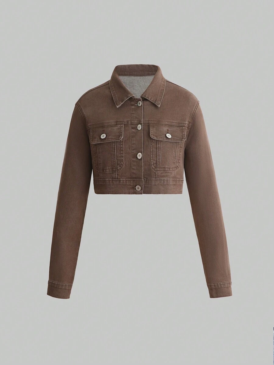Teen Girl Flap Pocket Crop Denim Jacket - Coffee Brown - View 1