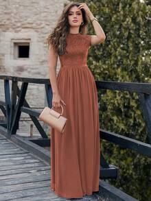 MIUSOL Đầm dự tiệc ren hoa thanh lịch cổ bẻ tay lửng viền xếp ly - Màu Cam cháy - Xem 6