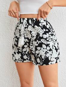 SHEIN LUNE 印花前繫帶斜口袋短褲 - 黑與白 - 查看 3