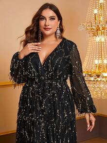 YISIKADO Plus Women Sequin Fringe Elegant Evening Dress Sexy Deep V Neck Mesh Maxi Dress Belted Long Sleeve Prom Party Dress Long Dress Wedding Guest Dinner Graduation - Black - View 4