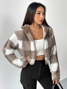 SHEIN EZwear Họa tiết kẻ sọc trâu Thả vai áo có mũ Áo Teddy Jackets - Màu Khaki - Xem 6