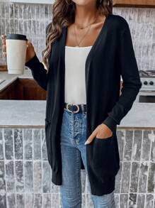 SHEIN Frenchy 秋冬双口袋休闲设计开衫 - 黑色 - 查看 4