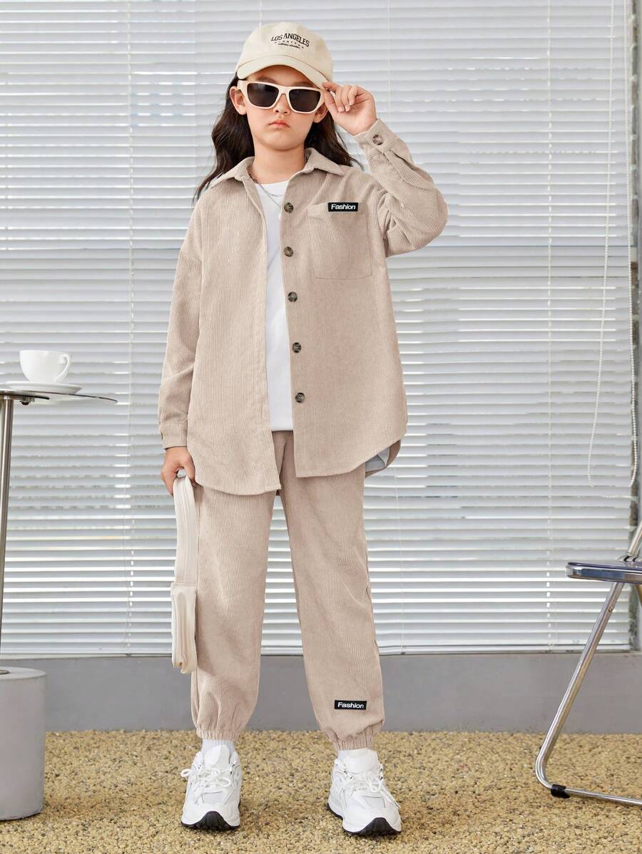 SHEIN Áo sơ mi và quần nhung kẻ trễ vai Tween Girl Letter Patched - Màu be - Xem 1
