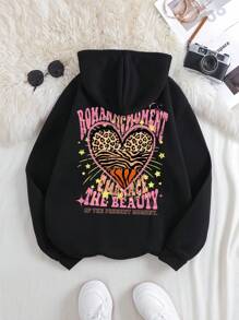 SHEIN EZwear Heart & Slogan Graphic Kangaroo Pocket Drawstring Thermal Hoodie - Black - View 1
