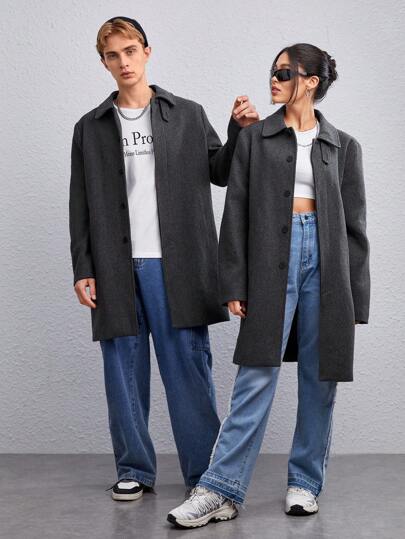 Manfinity VCAY 1 件纯色宽松纽扣前开大衣，适合秋冬